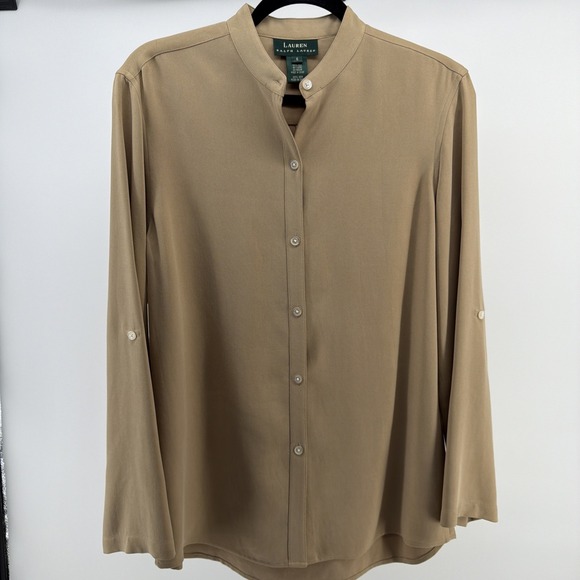 Lauren Ralph Lauren Tops - WOMENS LAUREN RALPH LAUREN TAN MANDARIN COLLAR SILK BLOUSE TOP SMALL
